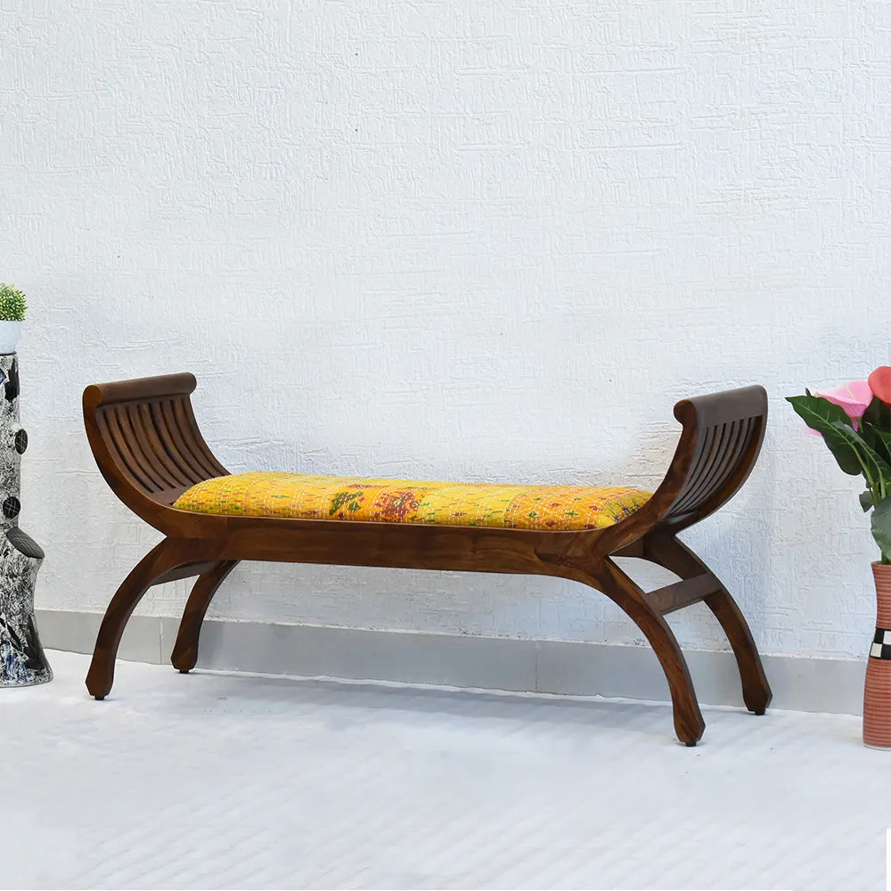 Yellow Traditional Kantha Gudri Patchwork Natural Brown Wooden Two Seater Sofa