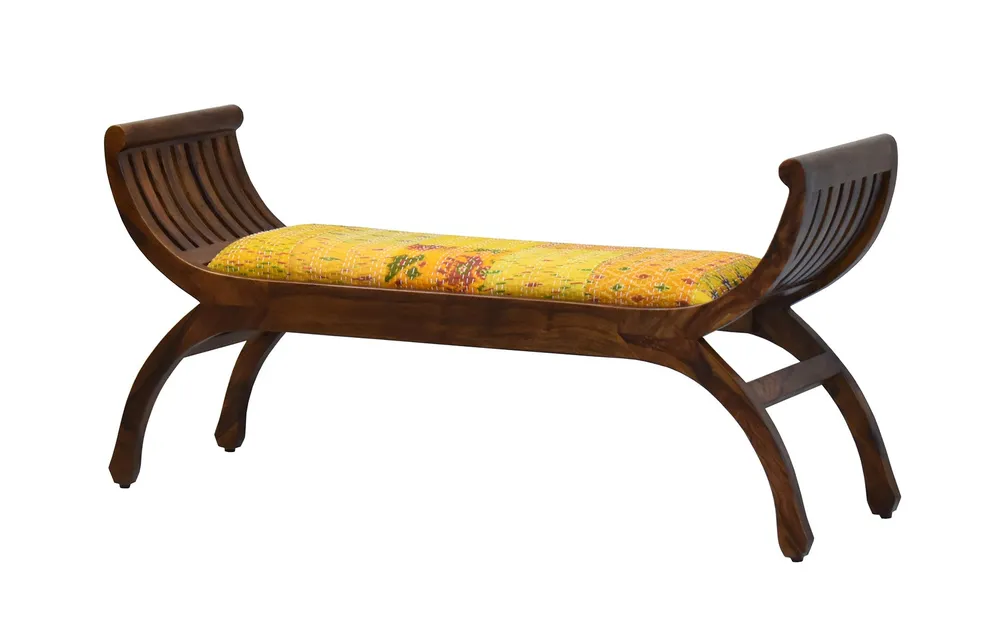 Yellow Traditional Kantha Gudri Patchwork Natural Brown Wooden Two Seater Sofa