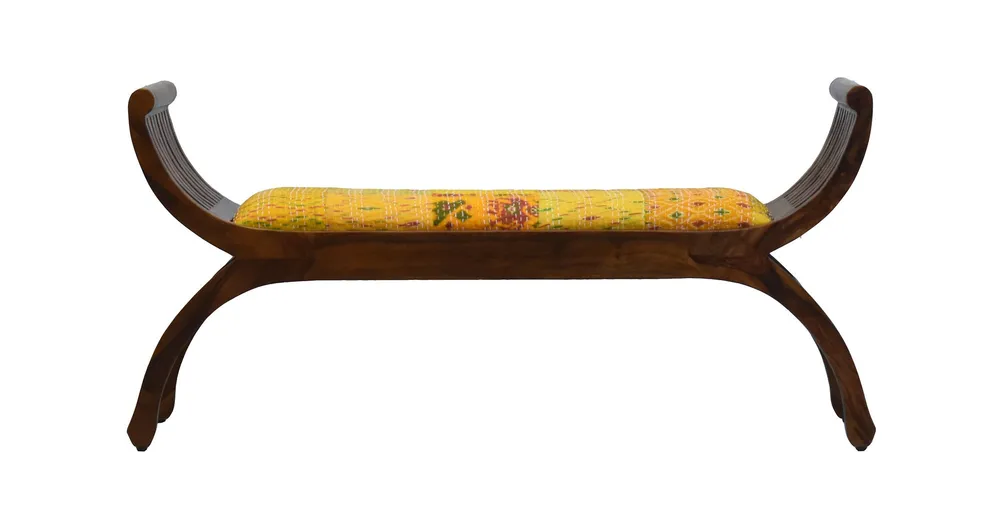 Yellow Traditional Kantha Gudri Patchwork Natural Brown Wooden Two Seater Sofa