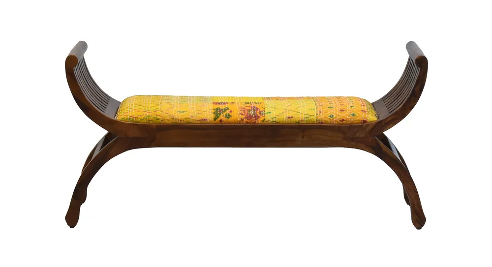 Yellow Traditional Kantha Gudri Patchwork Natural Brown Wooden Two Seater Sofa