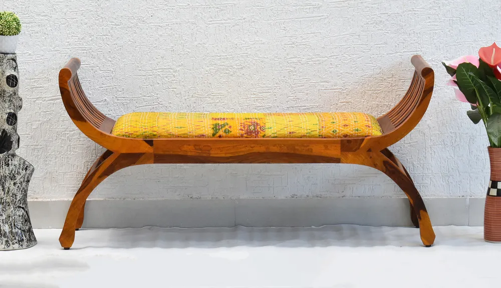 Yellow Traditional Kantha Gudri Patchwork Yellow Brown Wooden Two Seater Sofa