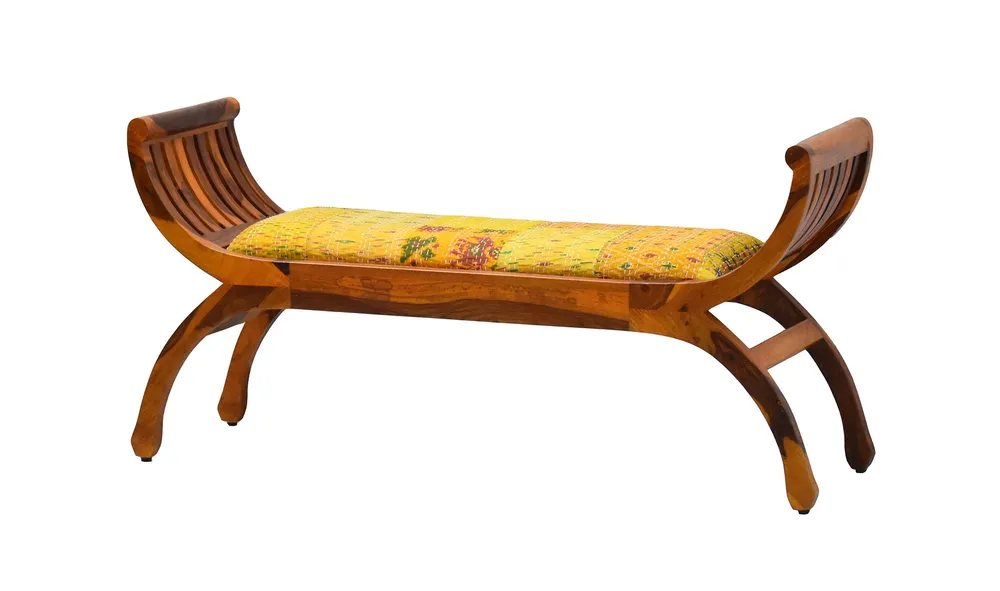 Yellow Traditional Kantha Gudri Patchwork Yellow Brown Wooden Two Seater Sofa