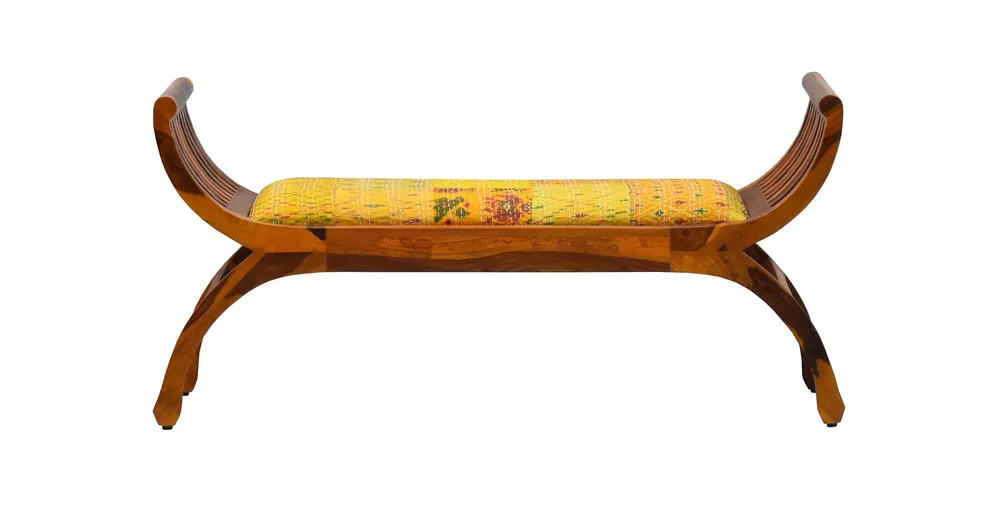 Yellow Traditional Kantha Gudri Patchwork Yellow Brown Wooden Two Seater Sofa