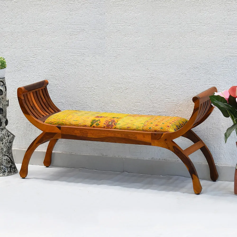 Yellow Traditional Kantha Gudri Patchwork Yellow Brown Wooden Two Seater Sofa