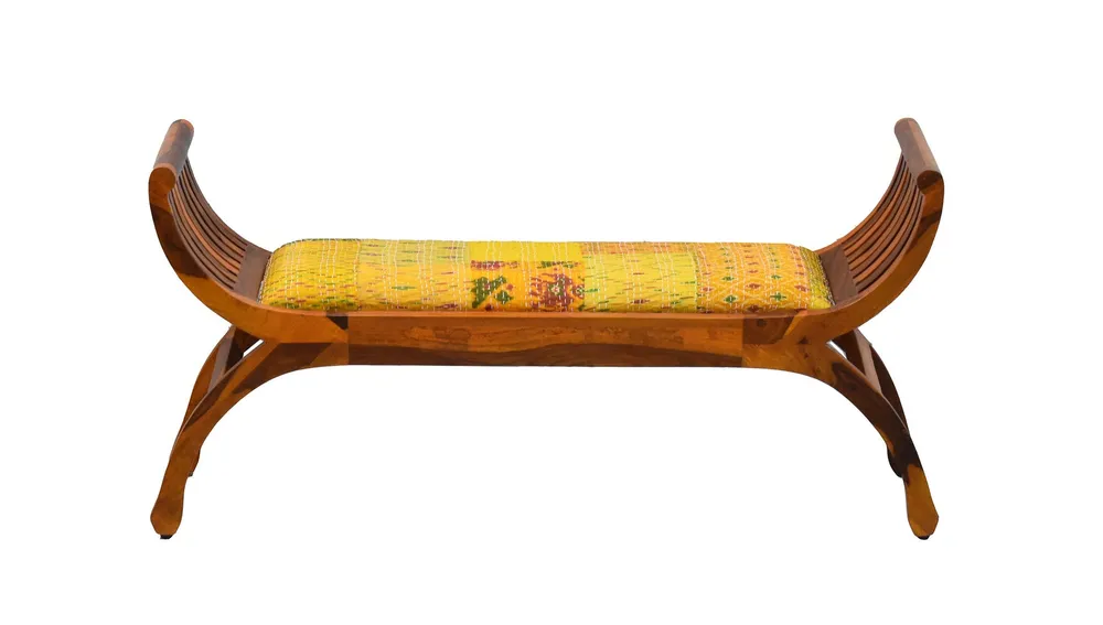 Yellow Traditional Kantha Gudri Patchwork Yellow Brown Wooden Two Seater Sofa