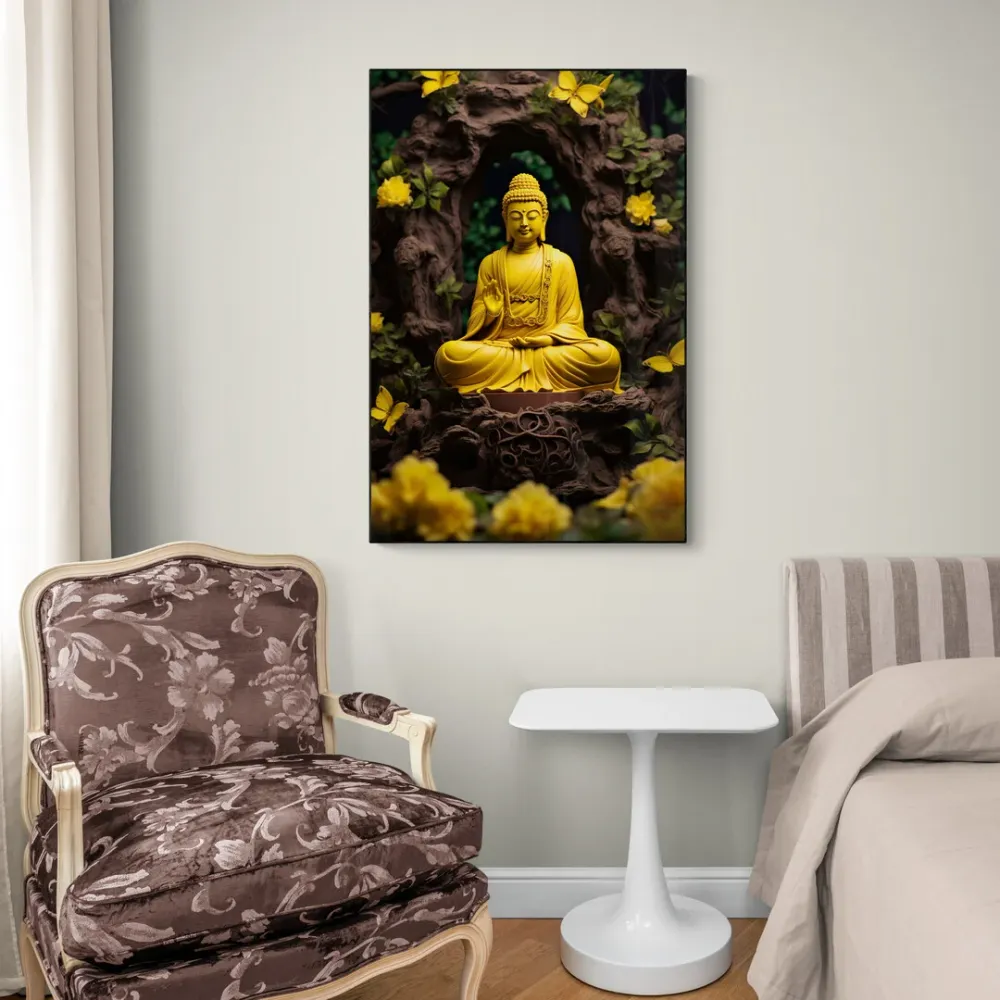 Yellow Tranquility Buddha Canvas Wall Painting With Frame