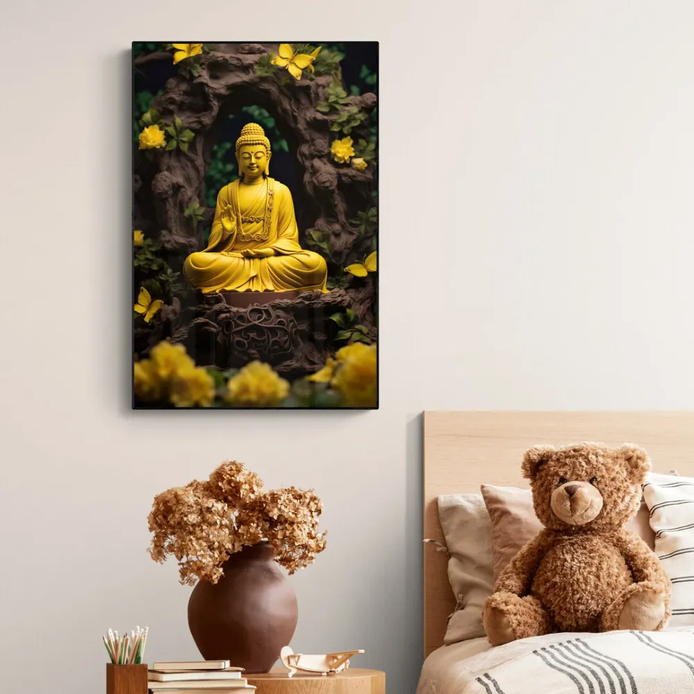 Yellow Tranquility Buddha Canvas Wall Painting With Frame