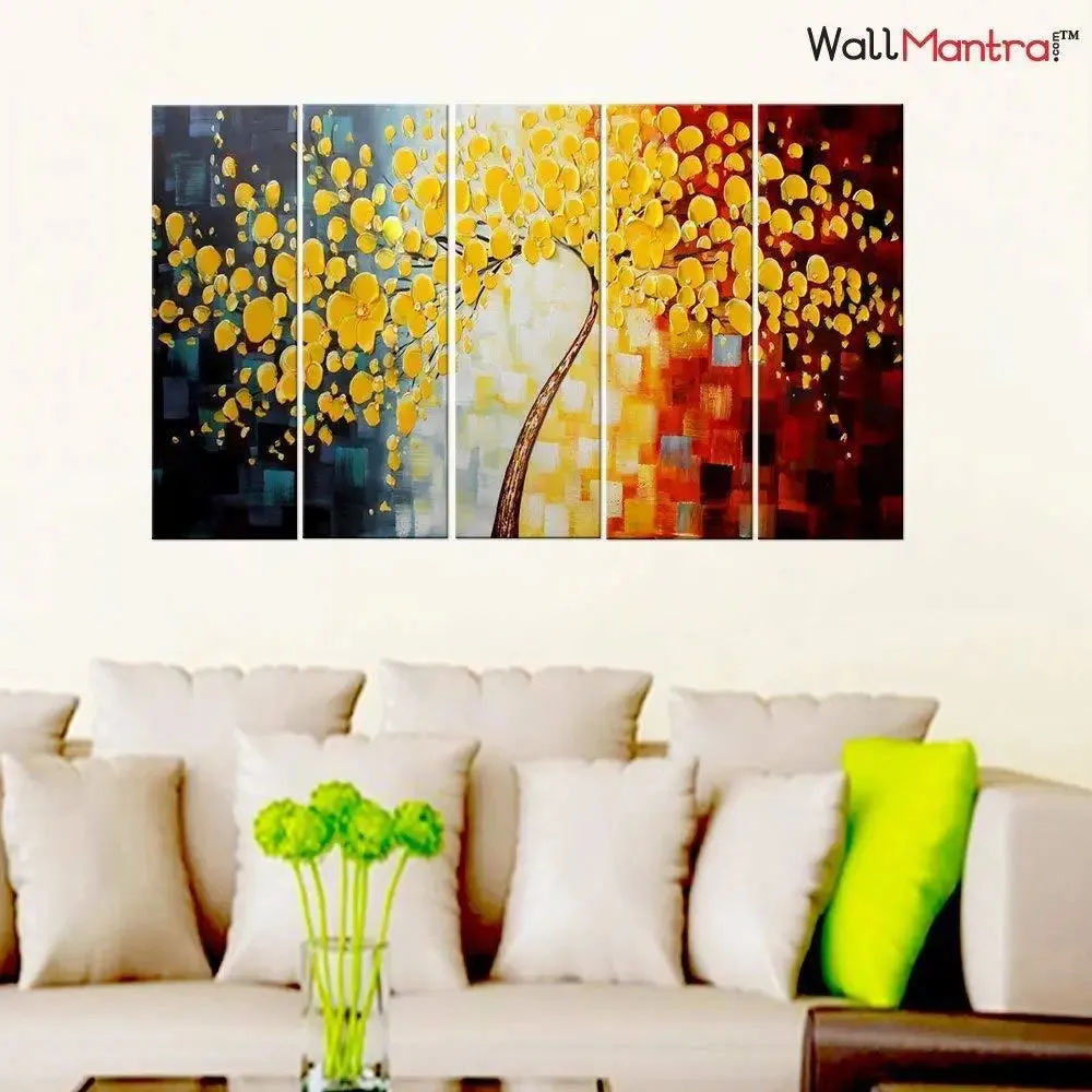 Yellow Tree Painting on Canvas Wall Hanging for Living Room, Bedroom, Office Decoration