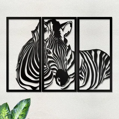 Zebra Design in Panels Black Color Wooden Wall Hanging