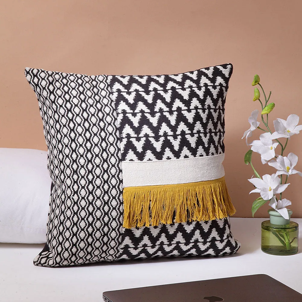 Zig Zag patterned Embroidery with Mustard fringes 100% Cotton Cushion Cover Set Of 1