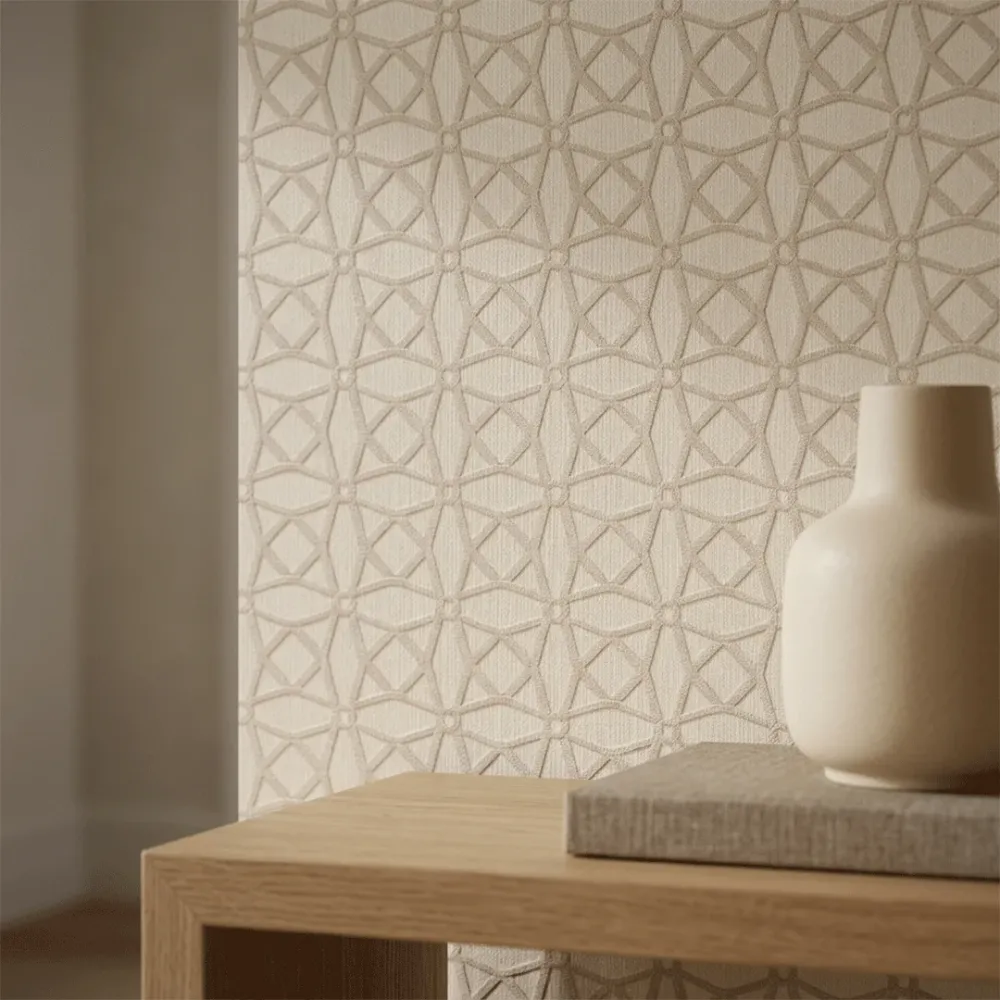 Warm Beige Geometric Embroidered Textured Wallpaper
