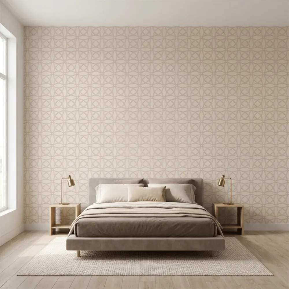 Warm Beige Geometric Embroidered Textured Wallpaper