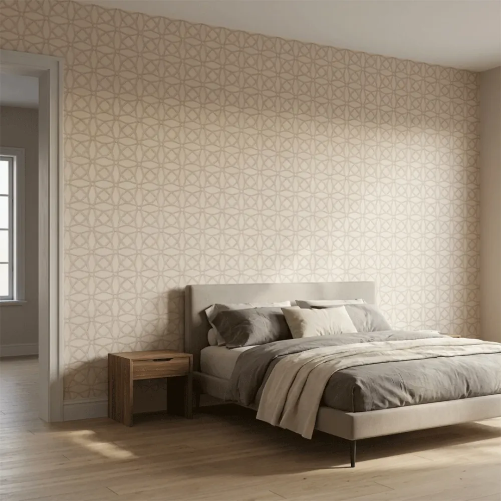 Warm Beige Geometric Embroidered Textured Wallpaper