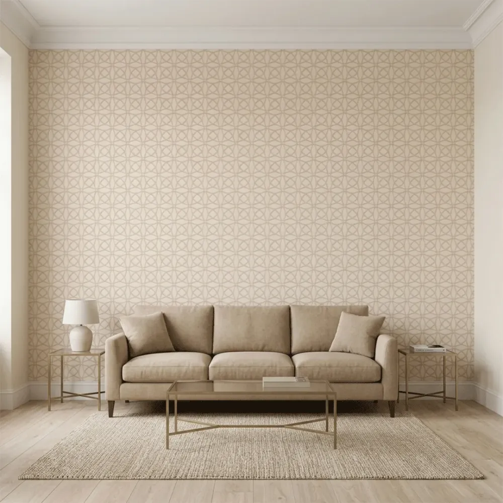Warm Beige Geometric Embroidered Textured Wallpaper