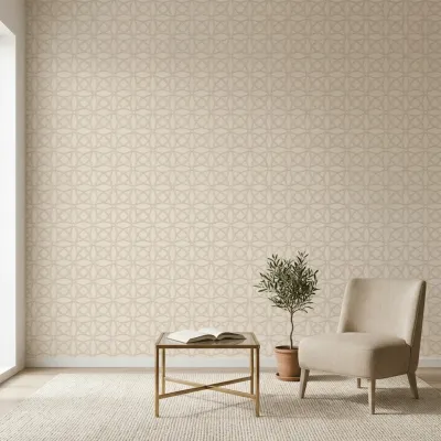 Warm Beige Geometric Embroidered Textured Wallpaper