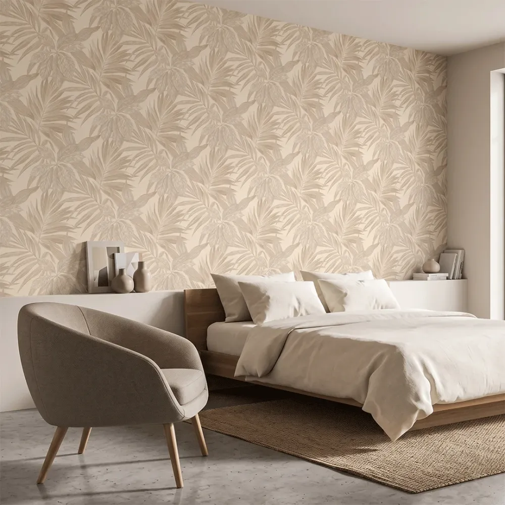 Beige Tropical Foliage Textured Wallpaper