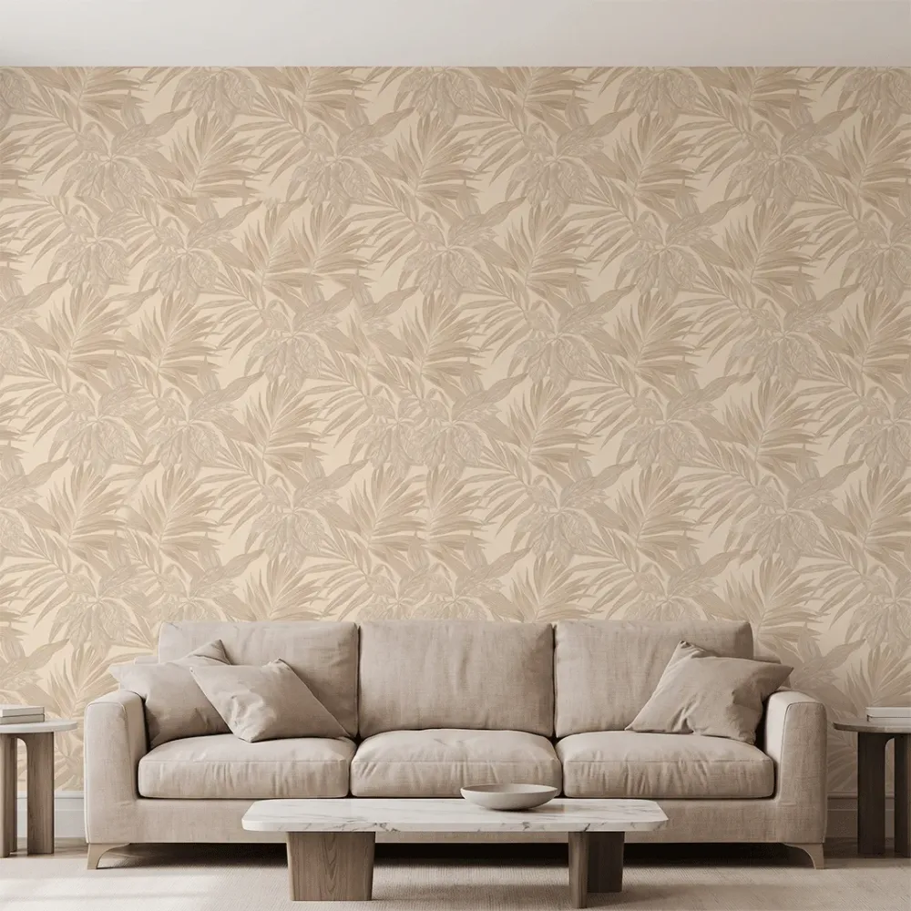 Beige Tropical Foliage Textured Wallpaper
