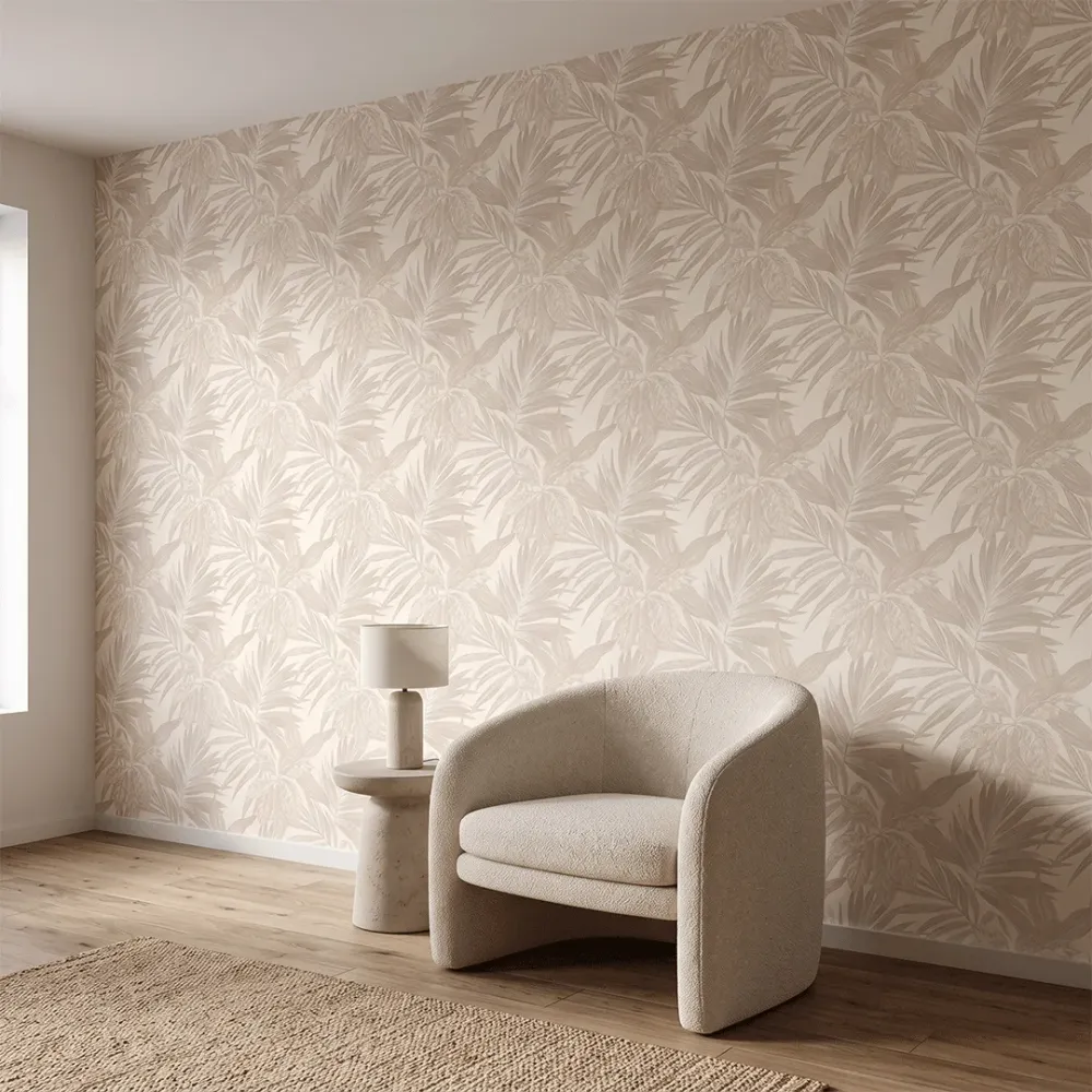 Ivory Beige Tropical Foliage Textured Wallpaper