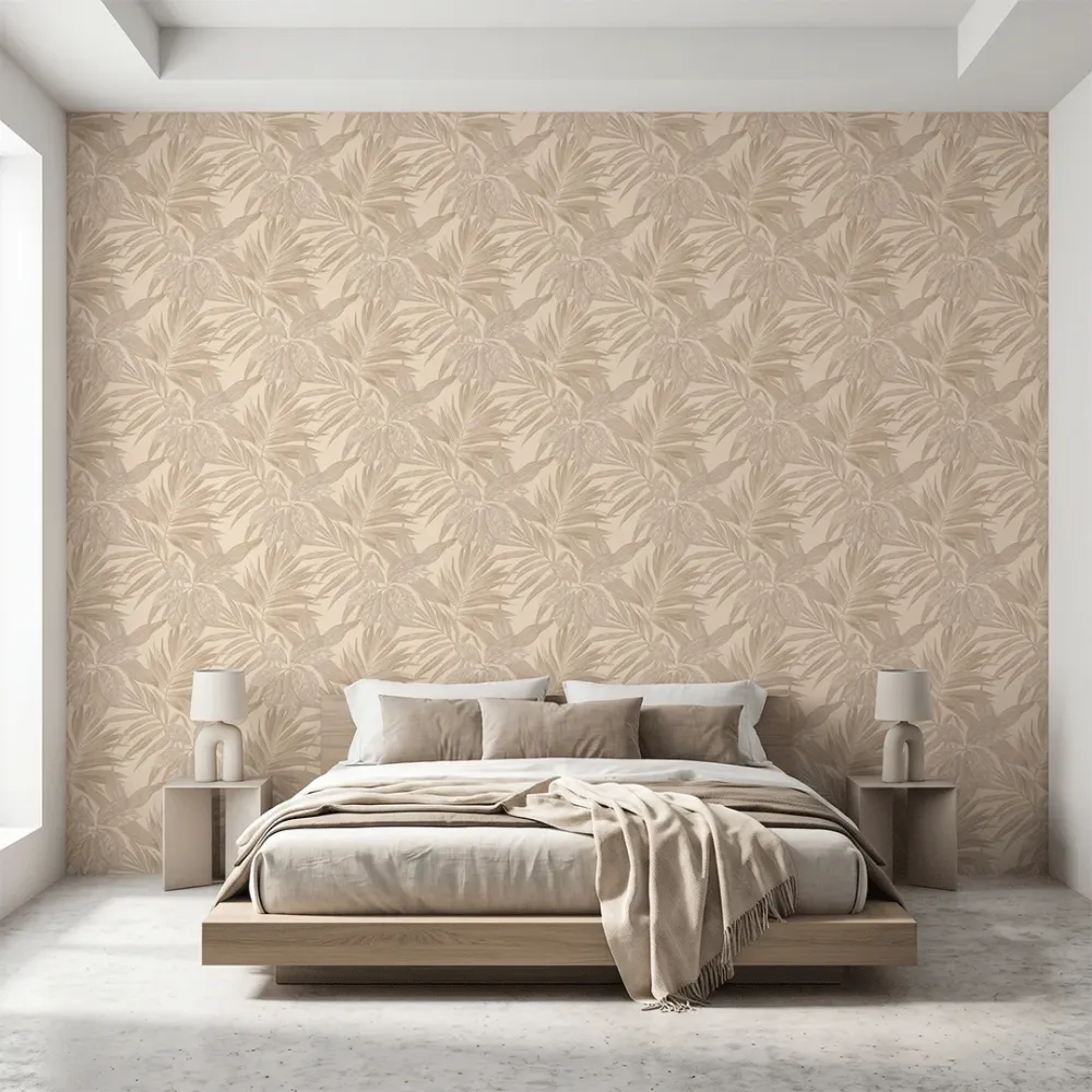 Beige Tropical Foliage Textured Wallpaper