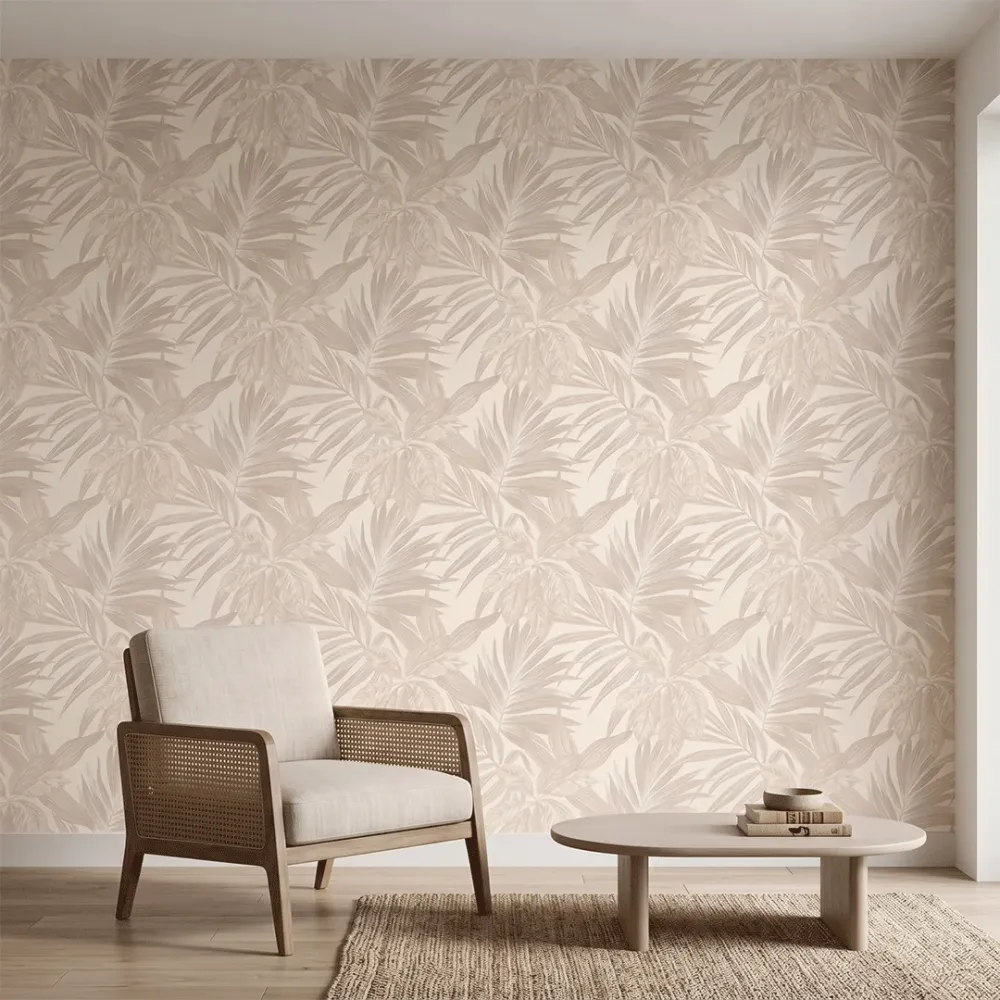 Ivory Beige Tropical Foliage Textured Wallpaper
