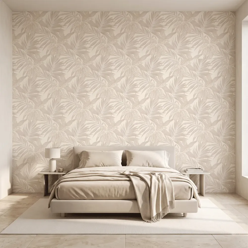 Ivory Beige Tropical Foliage Textured Wallpaper