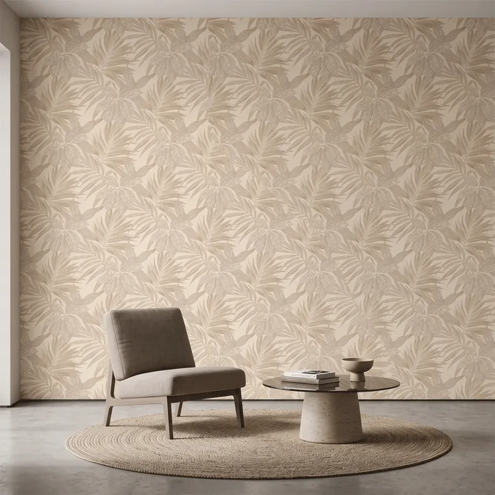 Beige Tropical Foliage Textured Wallpaper