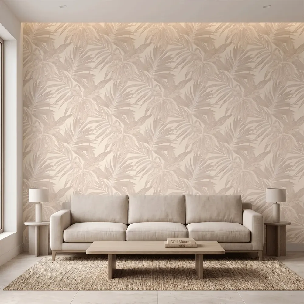 Ivory Beige Tropical Foliage Textured Wallpaper