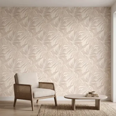 Ivory Beige Tropical Foliage Textured Wallpaper