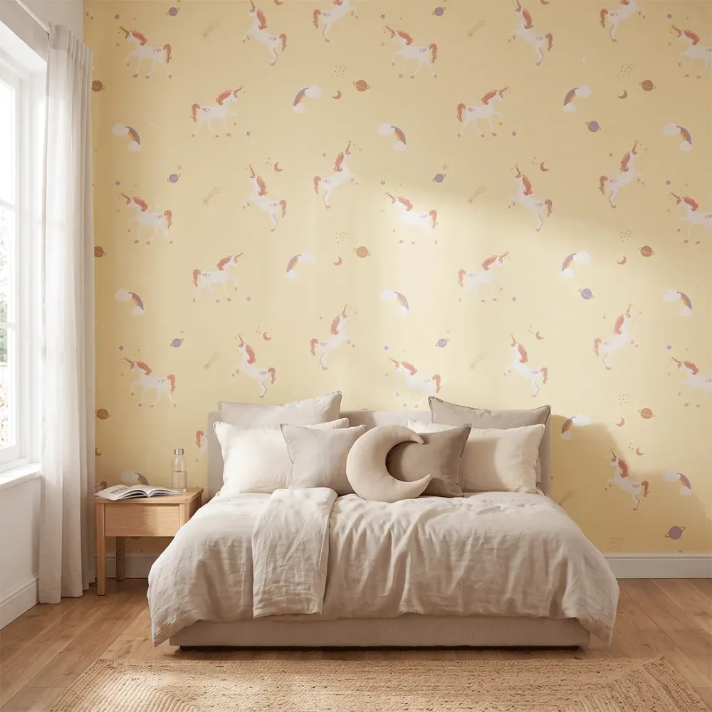 Yellow Unicorn Kids Wallpaper | Magical Nursery Wallpaper 