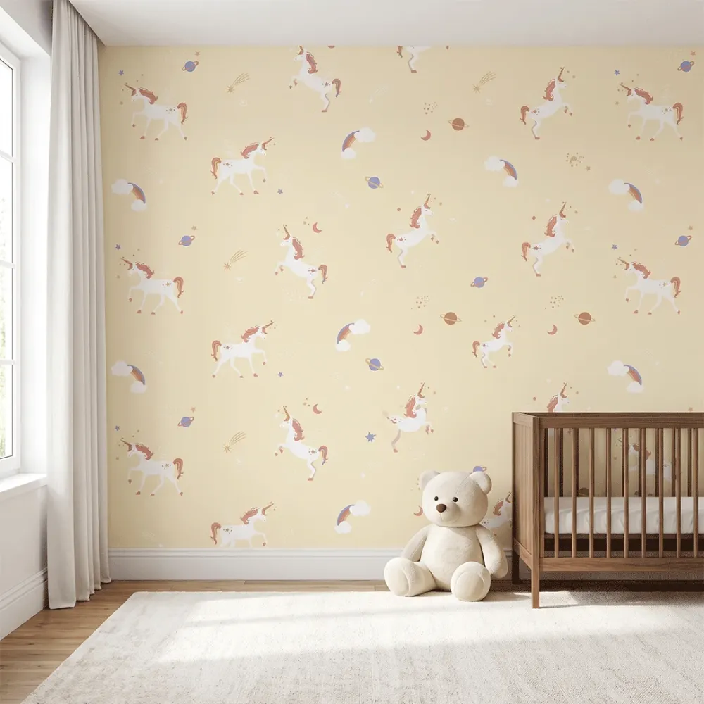 Yellow Unicorn Kids Wallpaper | Magical Nursery Wallpaper 