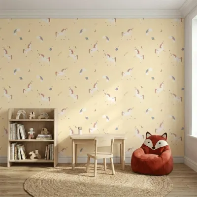 Yellow Unicorn Kids Wallpaper | Magical Nursery Wallpaper